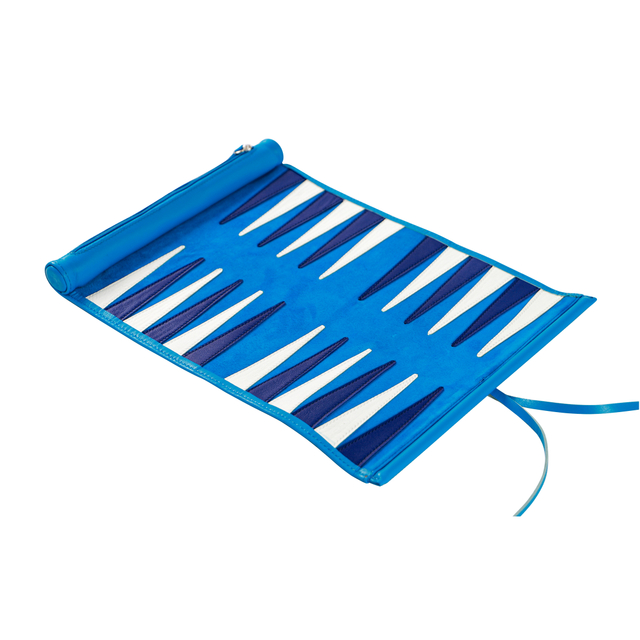 Premium Blue Real Leather Backgammon Roll - up Set