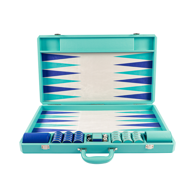 Elegant Turquoise PU Leather Backgammon Set with Metal Accents