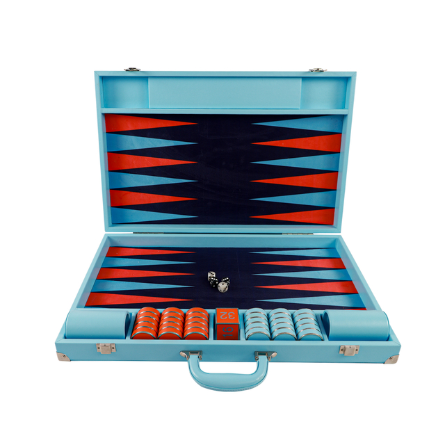 Chic Sky - Blue PU Leather Backgammon Set with Metal Accents