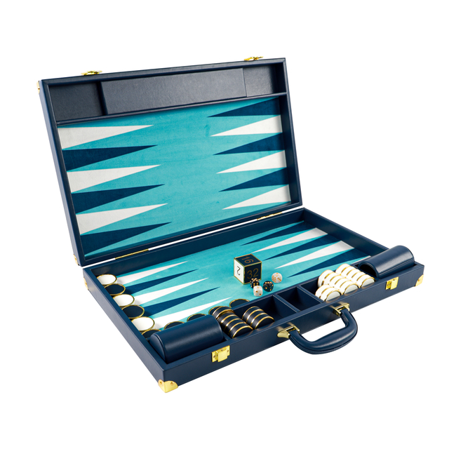 Luxurious Navy PU Leather Backgammon Set with Gold - Trimmed Details