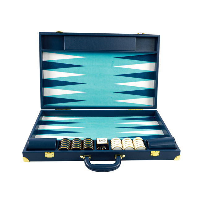 Luxurious Navy PU Leather Backgammon Set with Gold - Trimmed Details
