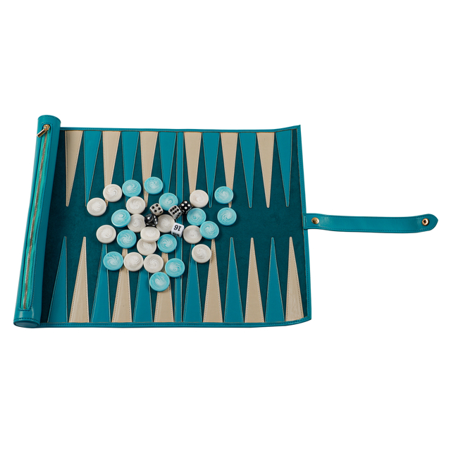 Turquoise PU Roll Up Travel Backgammon Complete Game Kit 